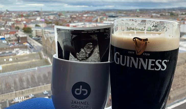 2018 winner — a baby announcement: ultrasound in the JG mug next to a Guinness in Dublin